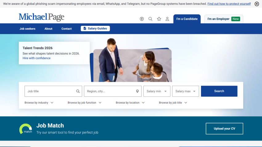 Job search interface with filters for region, salary, and function.