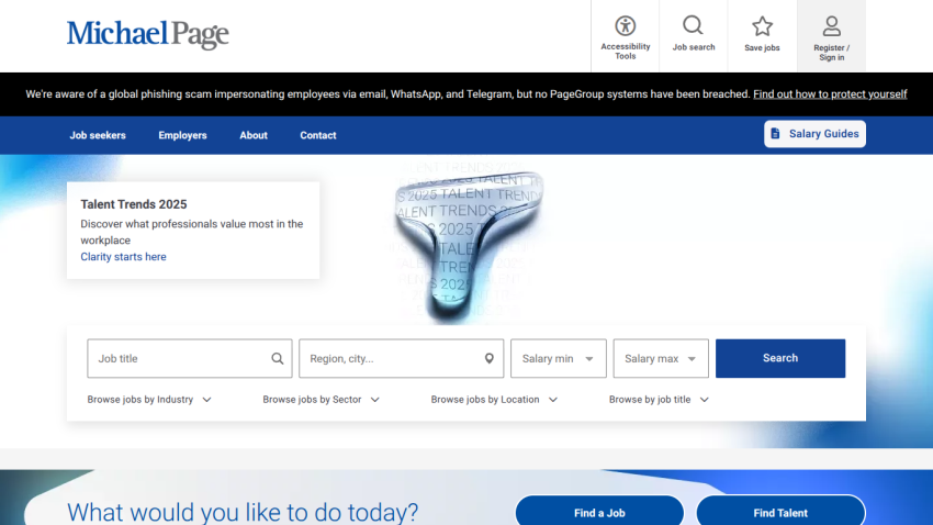 Recruitment website homepage with job search filters and a large hero image of a keyhole-shaped ice formation