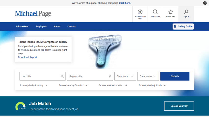 Michael Page job search site with navigation, talent trends report, job search filters, and job match tool