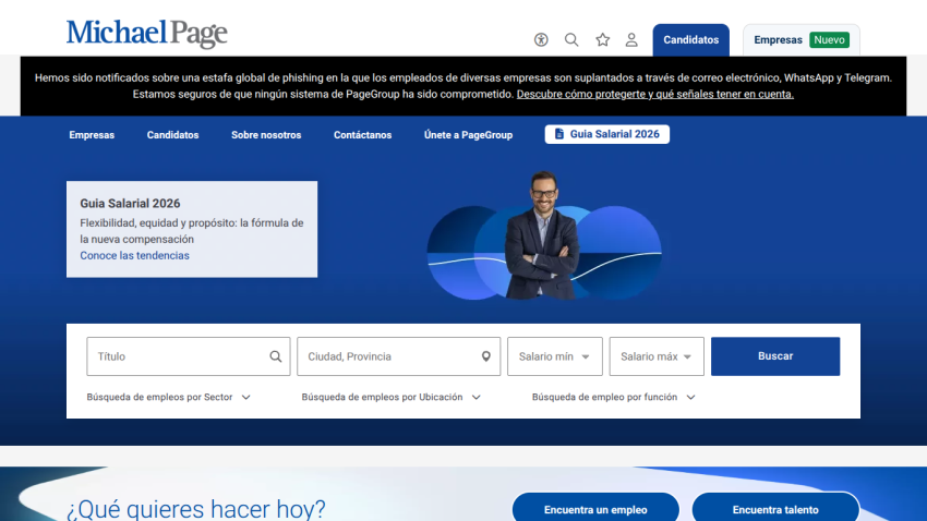 Job search interface with search fields and a professional image.