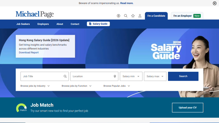 Job search interface with filters for title, location, and salary on Michael Page website.