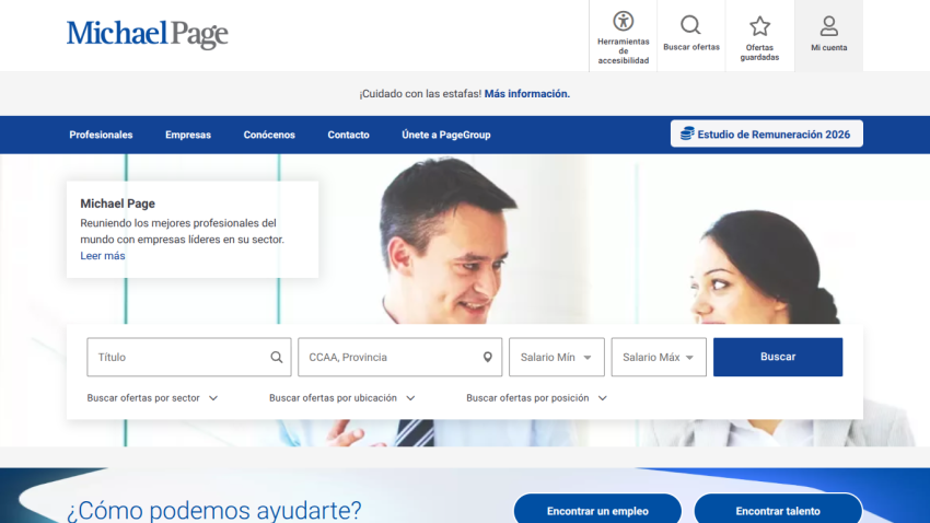 Michael Page recruitment site with navigation, hero image, and job search form in Spanish