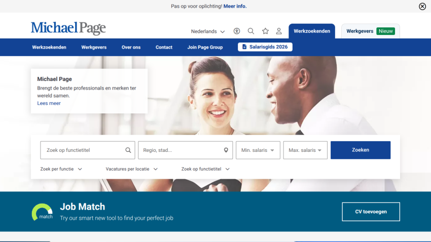 Michael Page job search interface with search fields and a job match section.