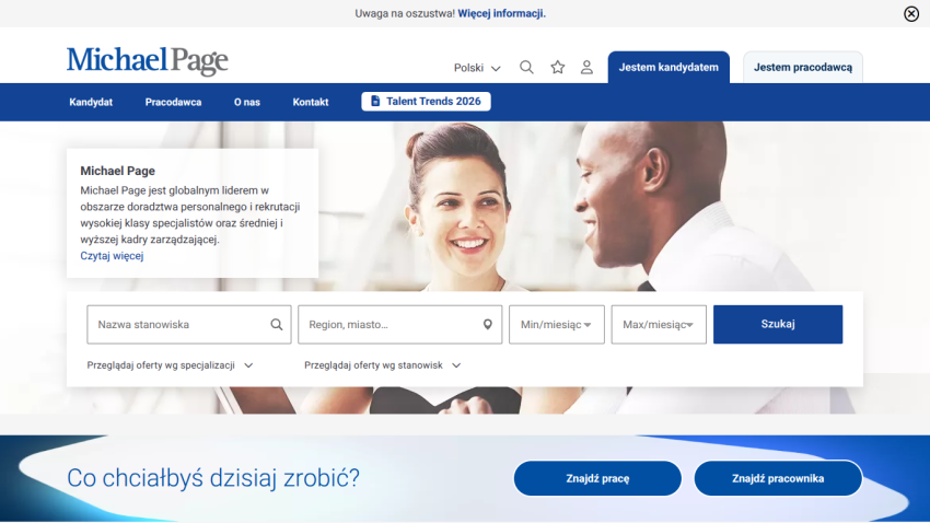 Michael Page website with a search bar and smiling professionals in the hero section.