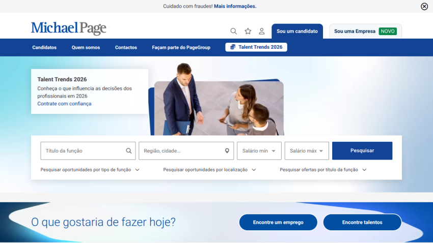 Michael Page job search interface with filters and a search button.