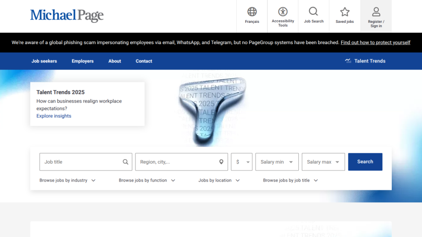Michael Page job search page with navigation, phishing scam alert, and job search form including filters for title, location, salary