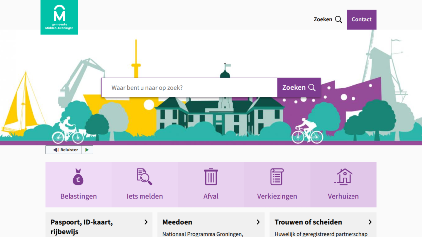 Municipality website with search bar and navigation for taxes, reports, waste, elections, and moving services