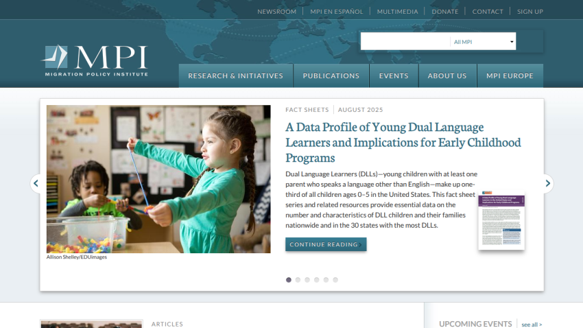 Homepage of MPI featuring children engaged in learning activities and a highlighted report on dual language learners.