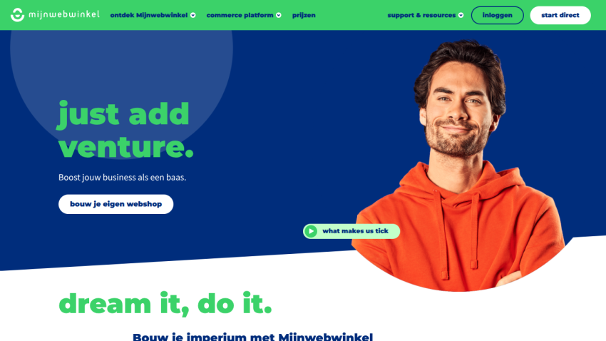 Homepage featuring a man in an orange hoodie with the text 'just add venture' and 'dream it, do it.'