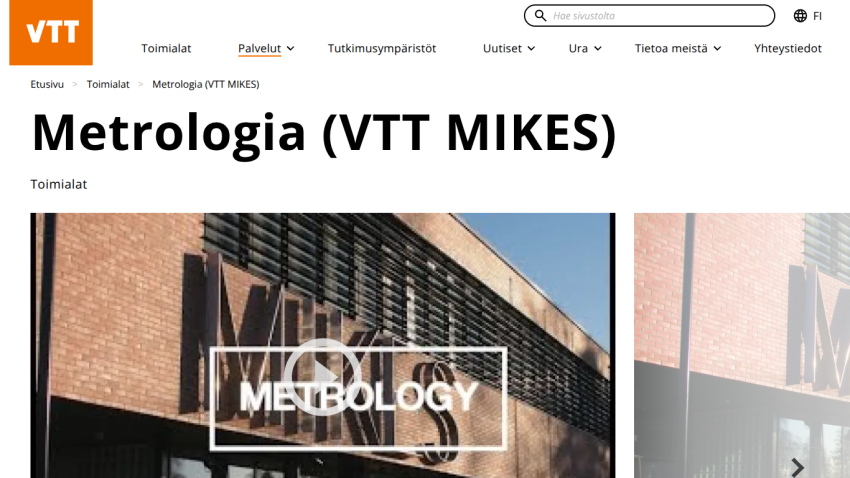 Metrologia (VTT MIKES) page with navigation menu and hero image of building exterior