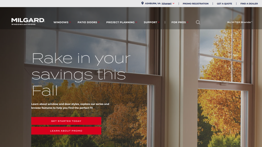 Milgard windows homepage with fall savings promotion and call-to-action buttons