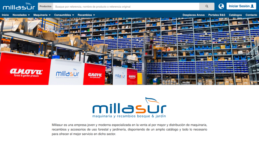 Millasur homepage with warehouse image, navigation bar, and company description about machinery and accessories for forestry and gardening