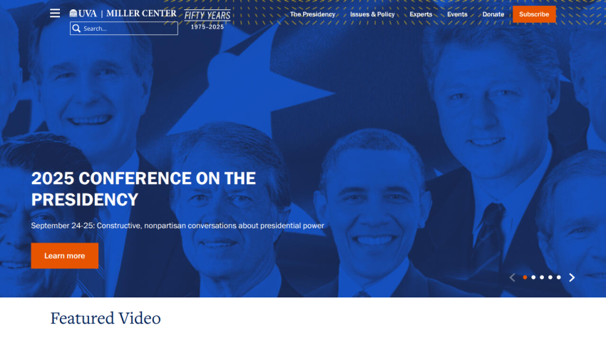 2025 Conference on the Presidency announcement with a call to action button.