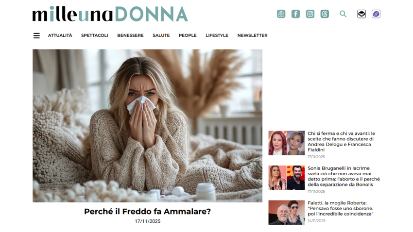 Italian news site milleunadonna with article on why cold causes illness, dated 17/11/2025