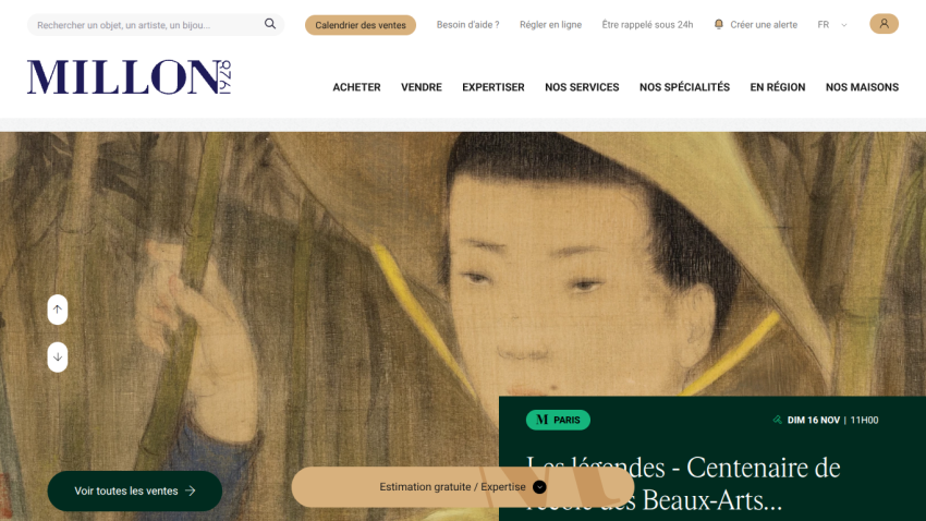 Millon auction house homepage with navigation bar and hero section featuring classical artwork and auction information