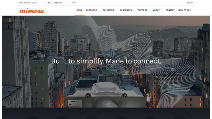 Homepage of Mimosa with a cityscape background and the tagline 'Built to simplify. Made to connect.'