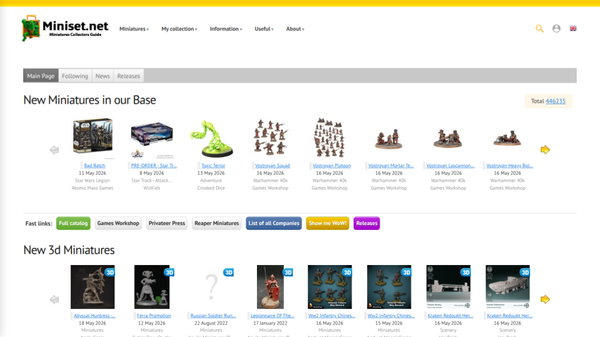 Homepage showcasing new miniatures and 3D models available for purchase.