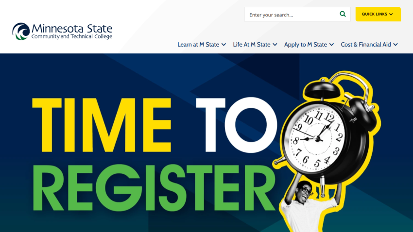 Minnesota State Community and Technical College homepage with navigation and a hero banner saying 'Time to Register' featuring a person holding a large alarm clock.