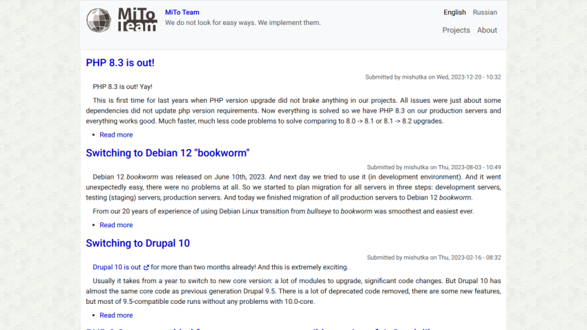 MiTo Team website with news on PHP 8.3 release, Debian 12 migration, and Drupal 10 update