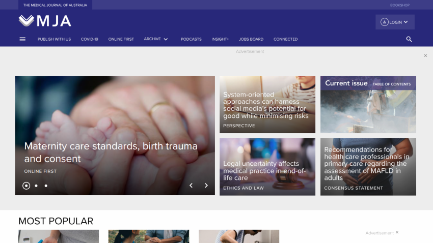 Homepage of MJA featuring articles on maternity care standards and current issues.