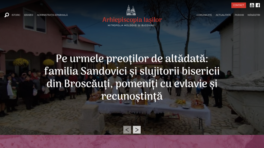 Website header with navigation and a hero section featuring a church courtyard and Romanian text about the Sandovici family and church servants