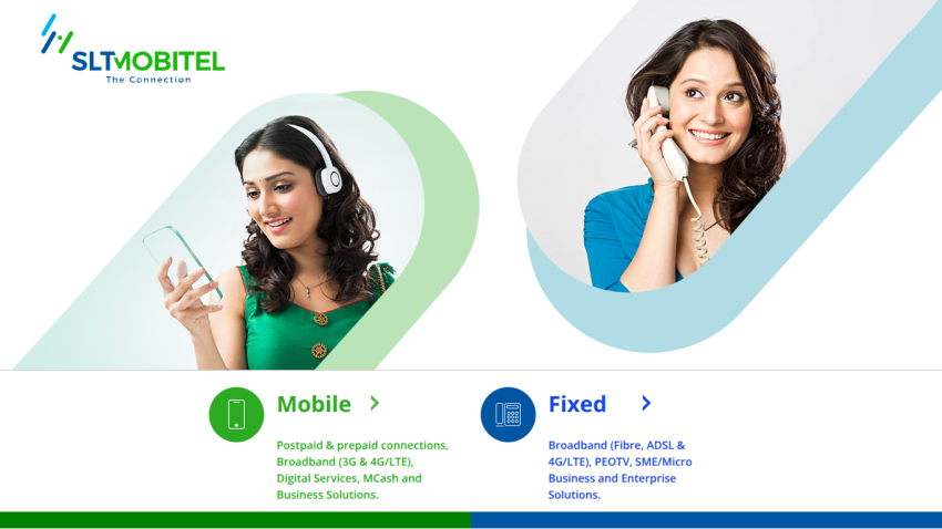 SLT Mobitel offers mobile and fixed broadband solutions with images of customer service representatives.