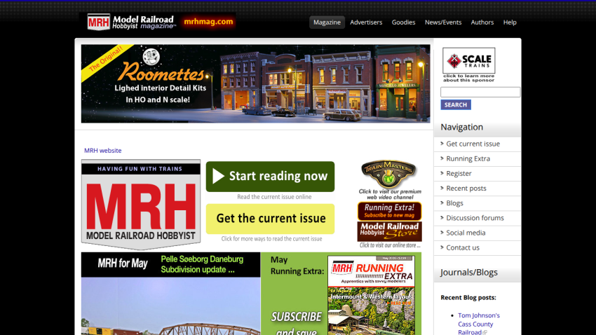 Homepage of Model Railroad Hobbyist featuring navigation and a call to action for current issue.