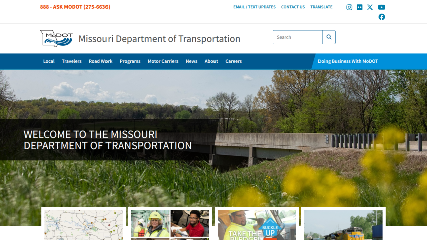 Homepage of the Missouri Department of Transportation with a welcome message and scenic background.