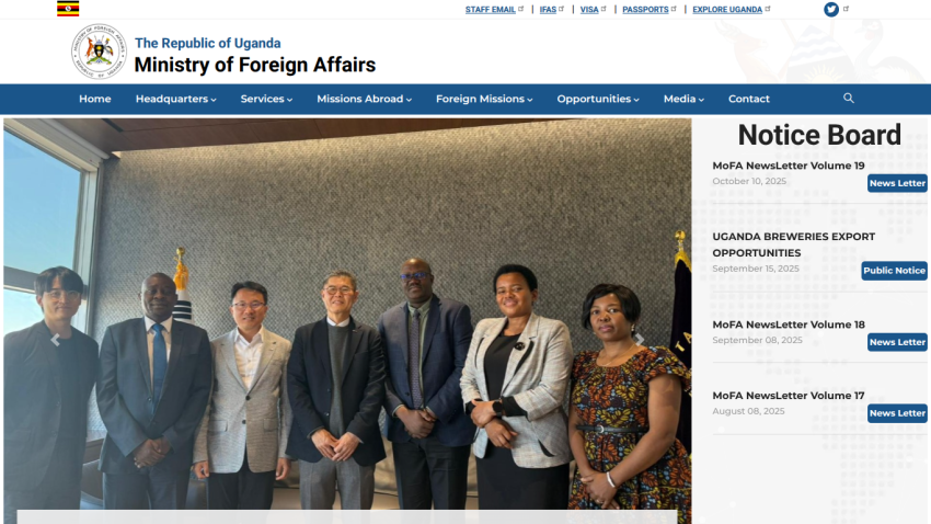 Ministry of Foreign Affairs Uganda website with navigation menu, handshake photo, and notice board with newsletters and export opportunities