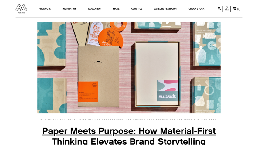 Homepage featuring a colorful layout with products and the headline about material-first thinking.