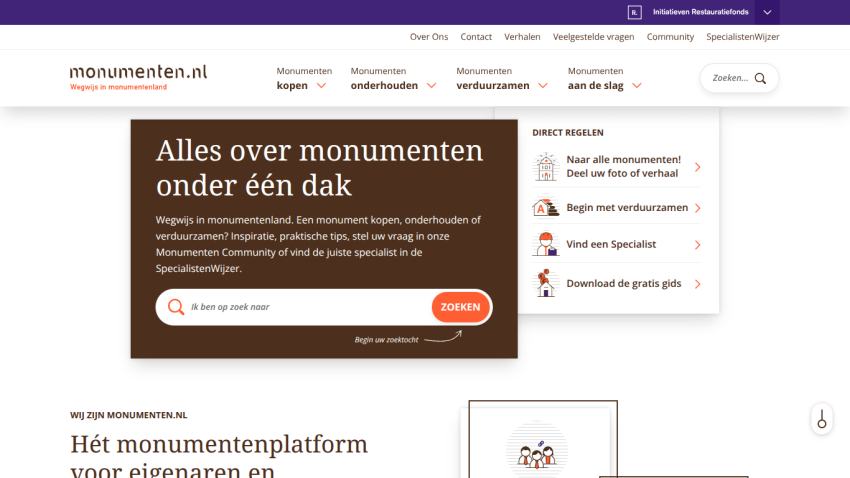 Monumenten.nl homepage with navigation and search bar for buying, maintaining, and sustaining monuments, plus quick links.
