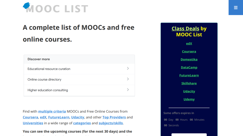 Homepage of MOOC List featuring a complete list of MOOCs and free online courses.
