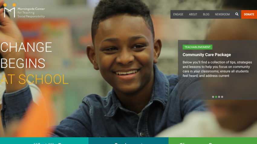 Morningside Center homepage with smiling student and text about community care and social responsibility