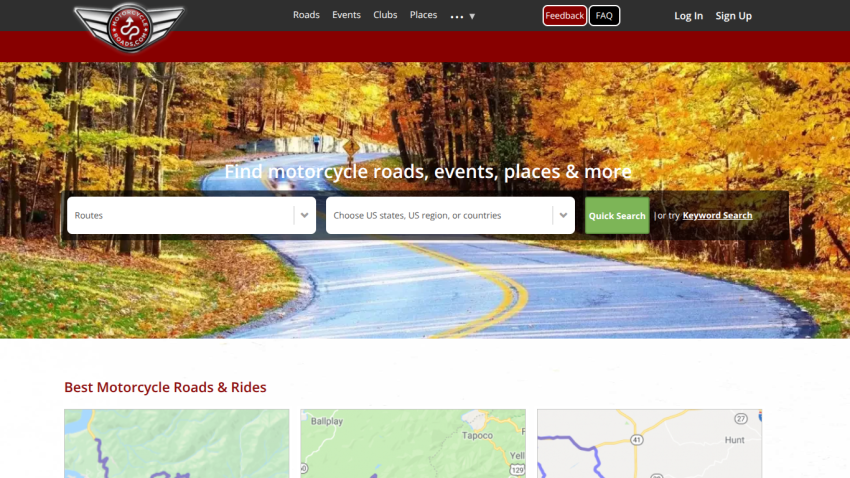 Motorcycleroads.com homepage with navigation, search bar for routes and locations, and autumn road background