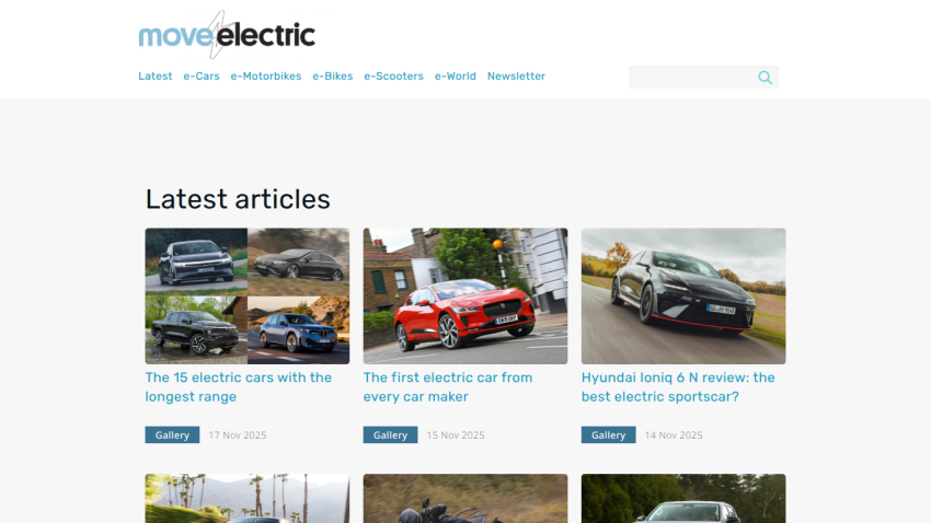 Move Electric homepage showing latest articles on electric cars, including reviews and galleries