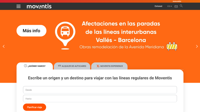 Moventis website showing interurban bus line disruptions in Vallés-Barcelona and a trip planner form