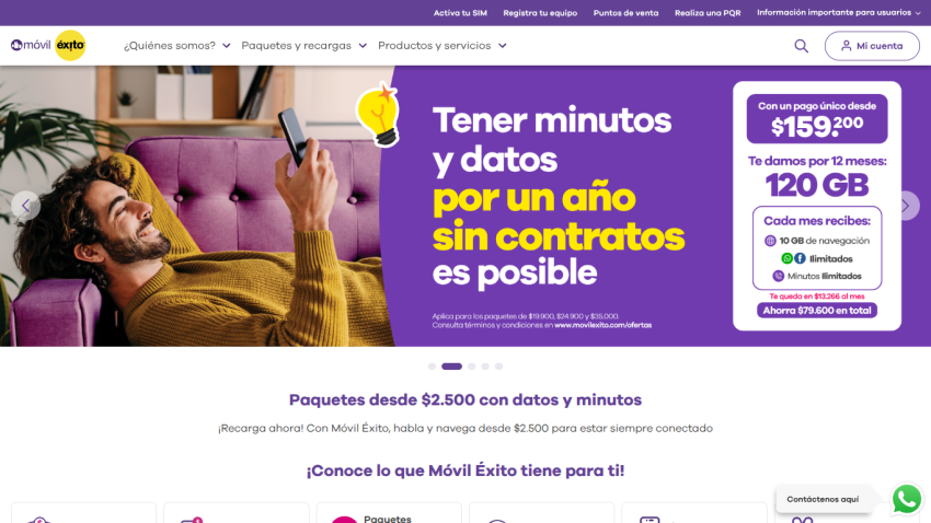Móvil Éxito homepage offering no-contract yearly plans with 120 GB data for $159,200, plus monthly benefits and packages from $2,500