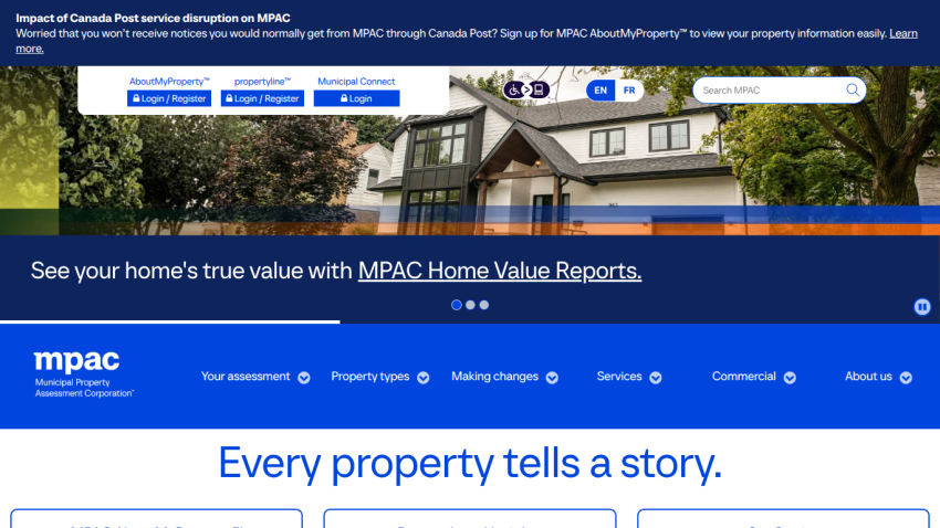 MPAC homepage with login options, property value report promotion, and navigation menu