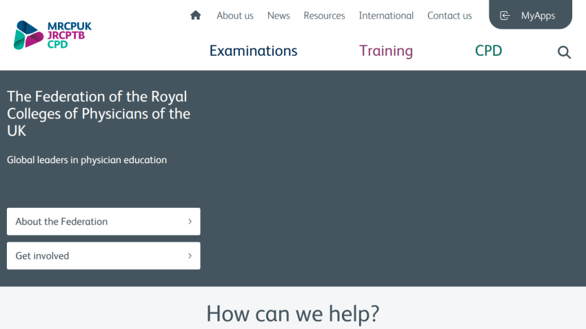 Federation of the Royal Colleges of Physicians of the UK homepage with navigation and options about the federation and involvement