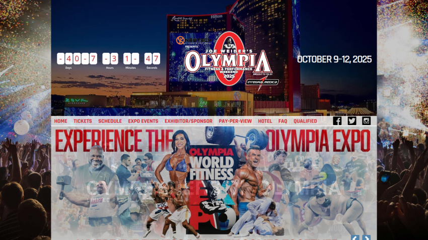 Joe Weider's Olympia Fitness & Performance Weekend 2025 event with countdown, navigation menu, and Gymreapers apparel promotion.