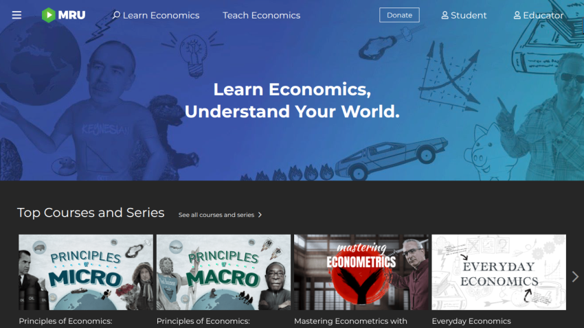 Homepage promoting economics courses with a tagline and featured courses.