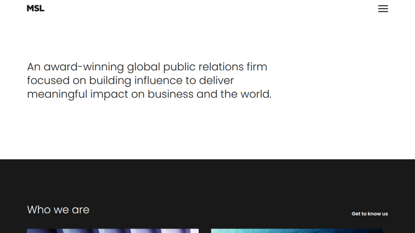 Homepage of a global public relations firm highlighting its award-winning status and focus on meaningful business impact