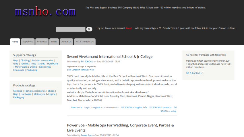 Homepage featuring educational and event service listings with navigation options.