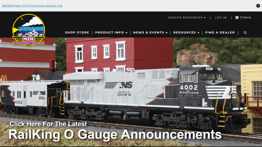 Homepage featuring RailKing O Gauge Announcements with a model train and navigation menu
