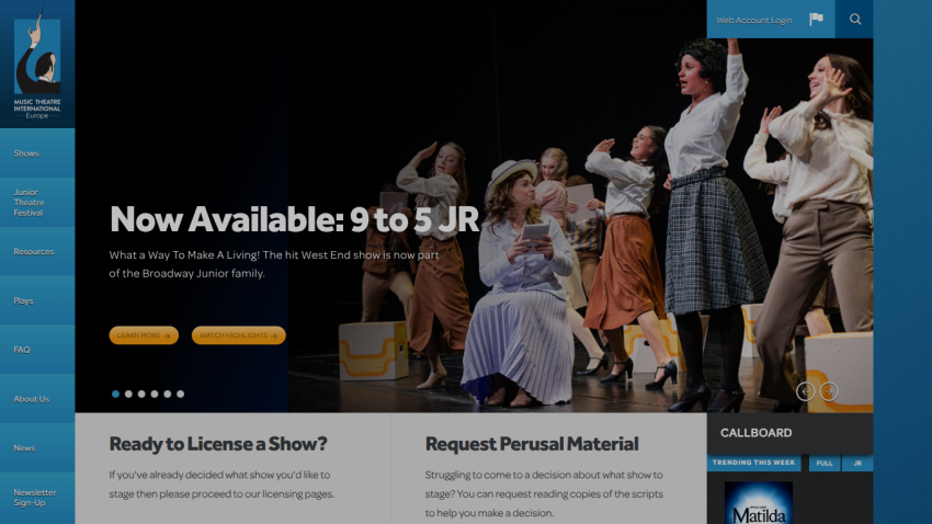Music Theatre International Europe homepage promoting 9 to 5 JR show with licensing and script request options