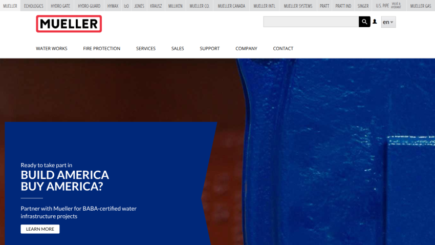 Mueller website promoting BABA-certified water infrastructure projects with navigation menu and search bar