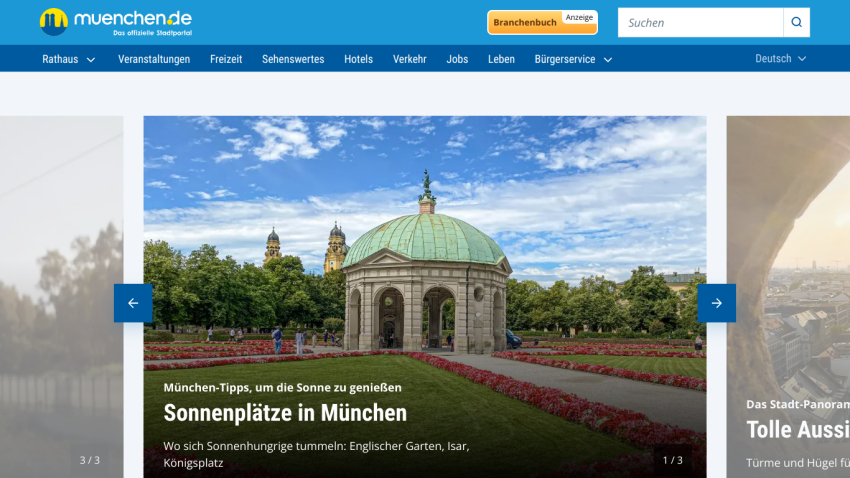 Homepage of muenchen.de featuring a garden scene with text about sunny spots in Munich.