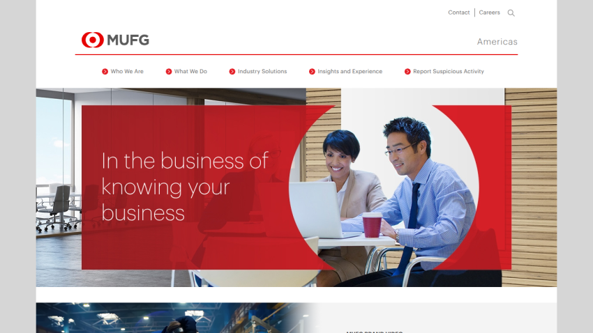 Homepage of MUFG featuring two professionals working together with a tagline about business knowledge.