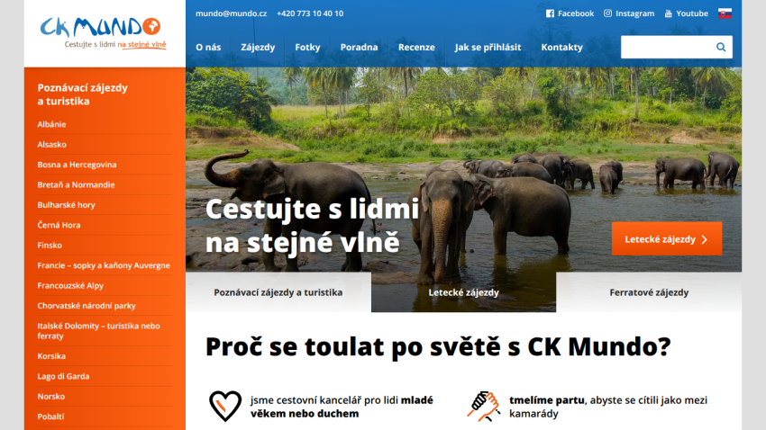 Travel agency CK Mundo homepage with navigation, hero image of elephants, and travel categories