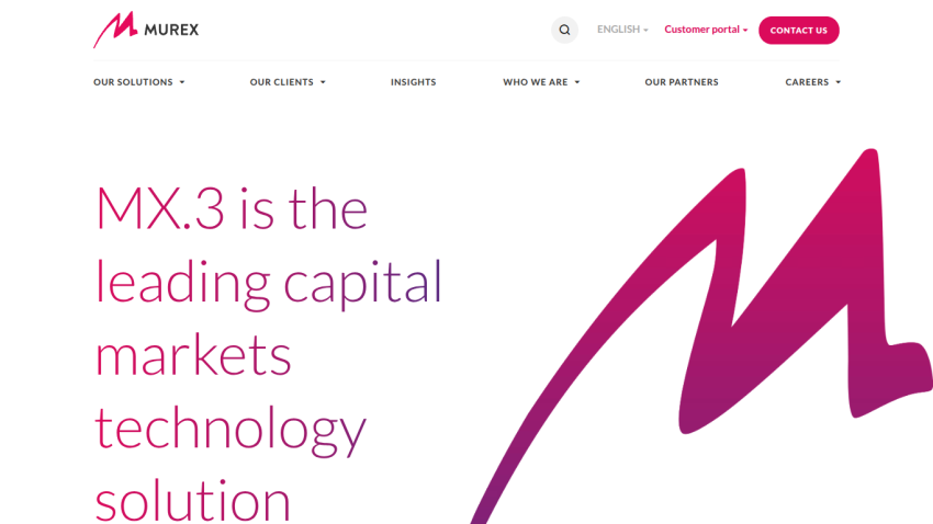 Homepage of Murex showcasing MX.3 as a capital markets technology solution.
